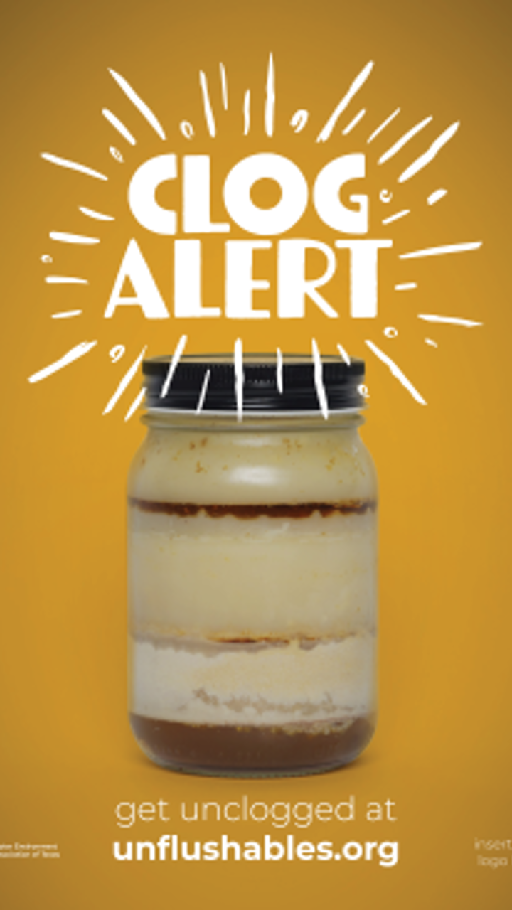 clog alert graphic with a url unflushables.org