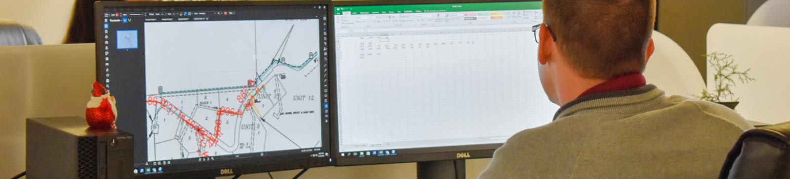 person looking at computer monitors